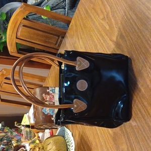 Liz Claiborne Black Patent Tote with Tan Handles